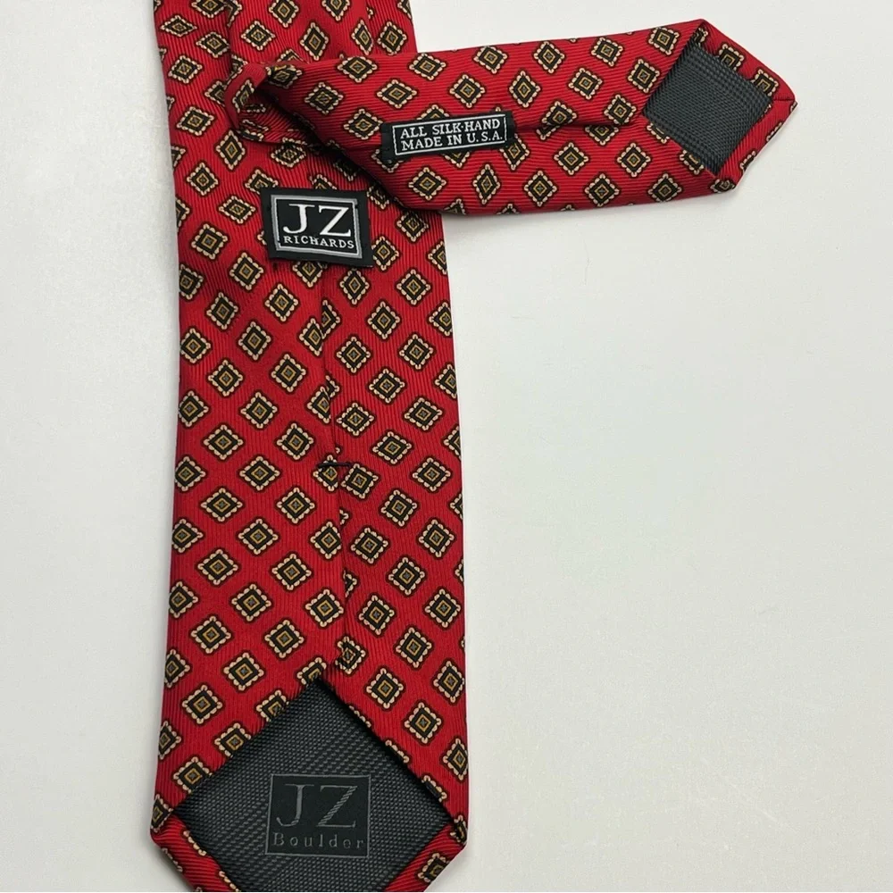 JZ Richards 100%‎ Silk Neck Tie Mens Red Geometric Print Made In USA